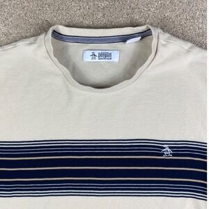 Original Penguin Mens Cream Navy Blue Striped Cotton Crew Neck T-Shirt Size L